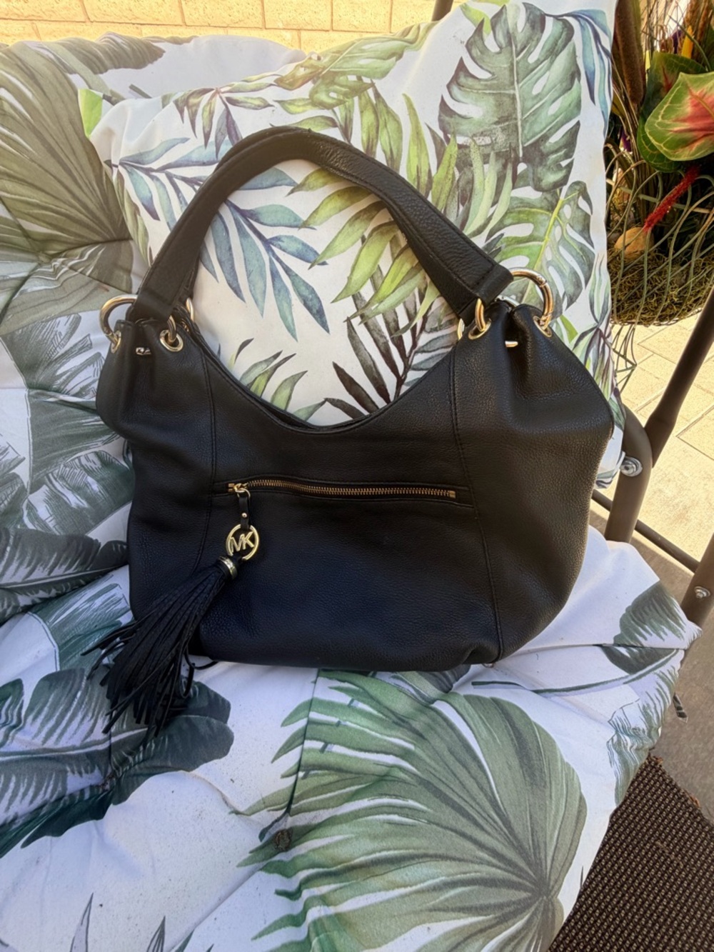 Michael Kors Black Leather Shoulder Bag with Tassel Charm